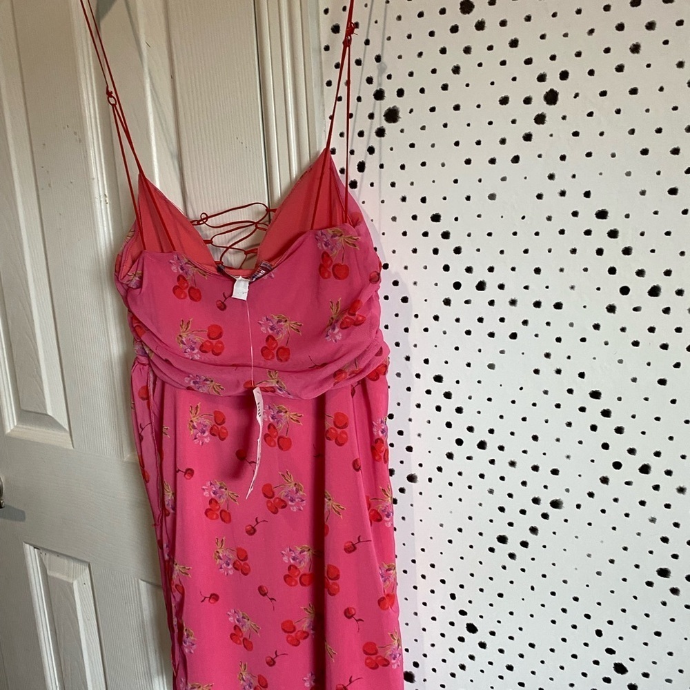 Urban Outfitters Bright Side Lace-Up pink floral cherry Mini Dress sz M nwt - Picture 13 of 14
